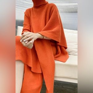 629. Two Piece Knit Poncho and Sweater Dress in Orange
